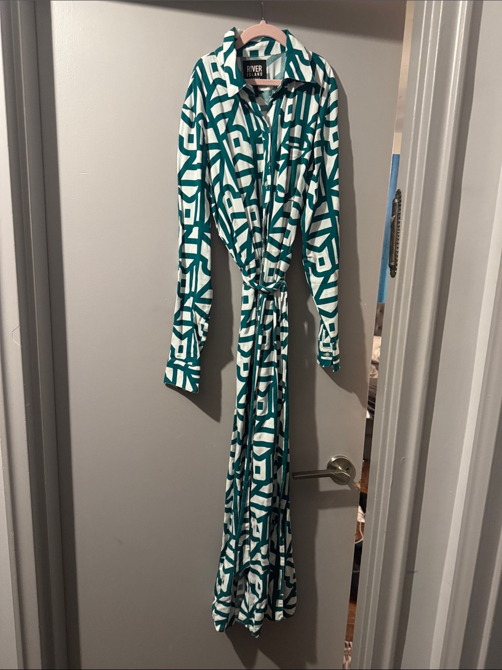 River Island Teal and White Geometric Wrap Maxi Dress
